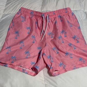 SHEIN Pink and Blue Palm Swim Trunks